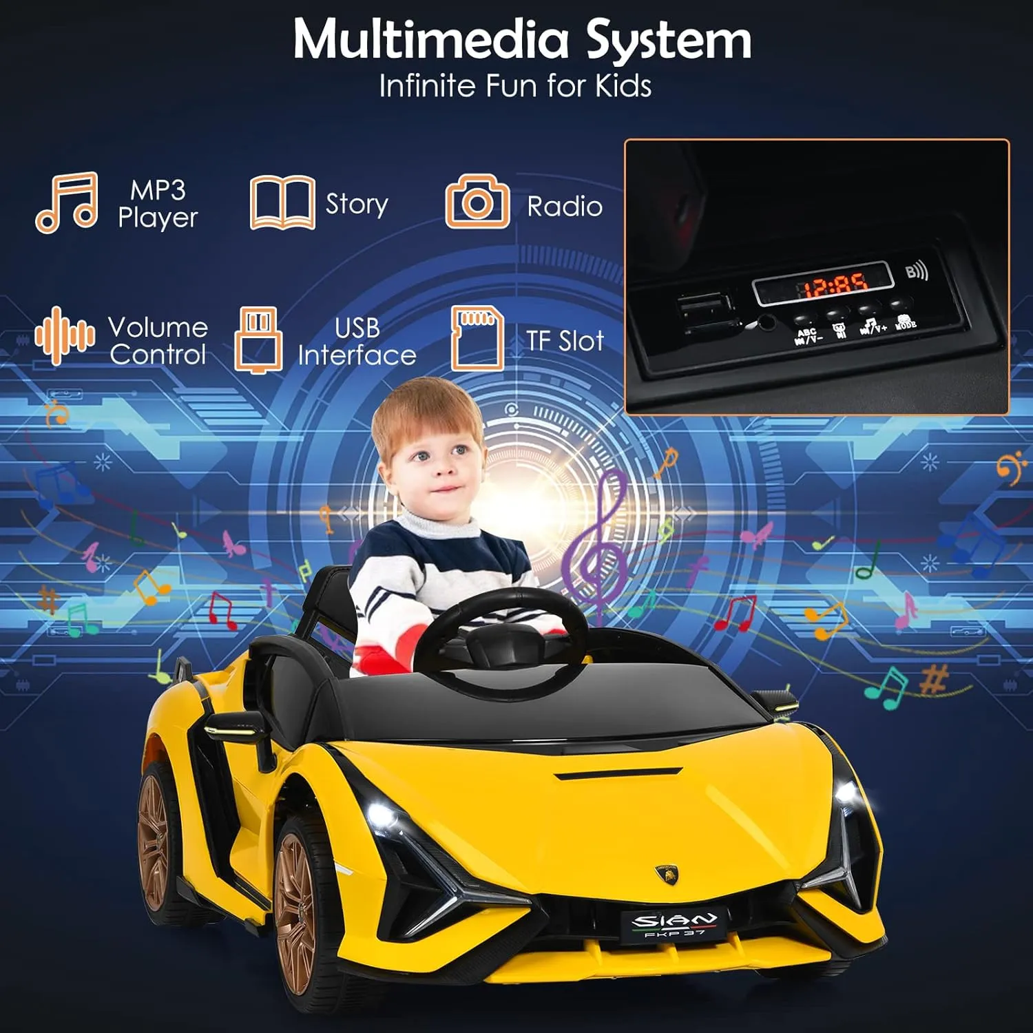 INFANS 12V Licensed Lamborghini Sian Kids Ride On Car with Parent Remote Control, Spring Suspension, MP3 Player, Electric Toy Roadster Carbon Fiber Textured for Toddler (Yellow)