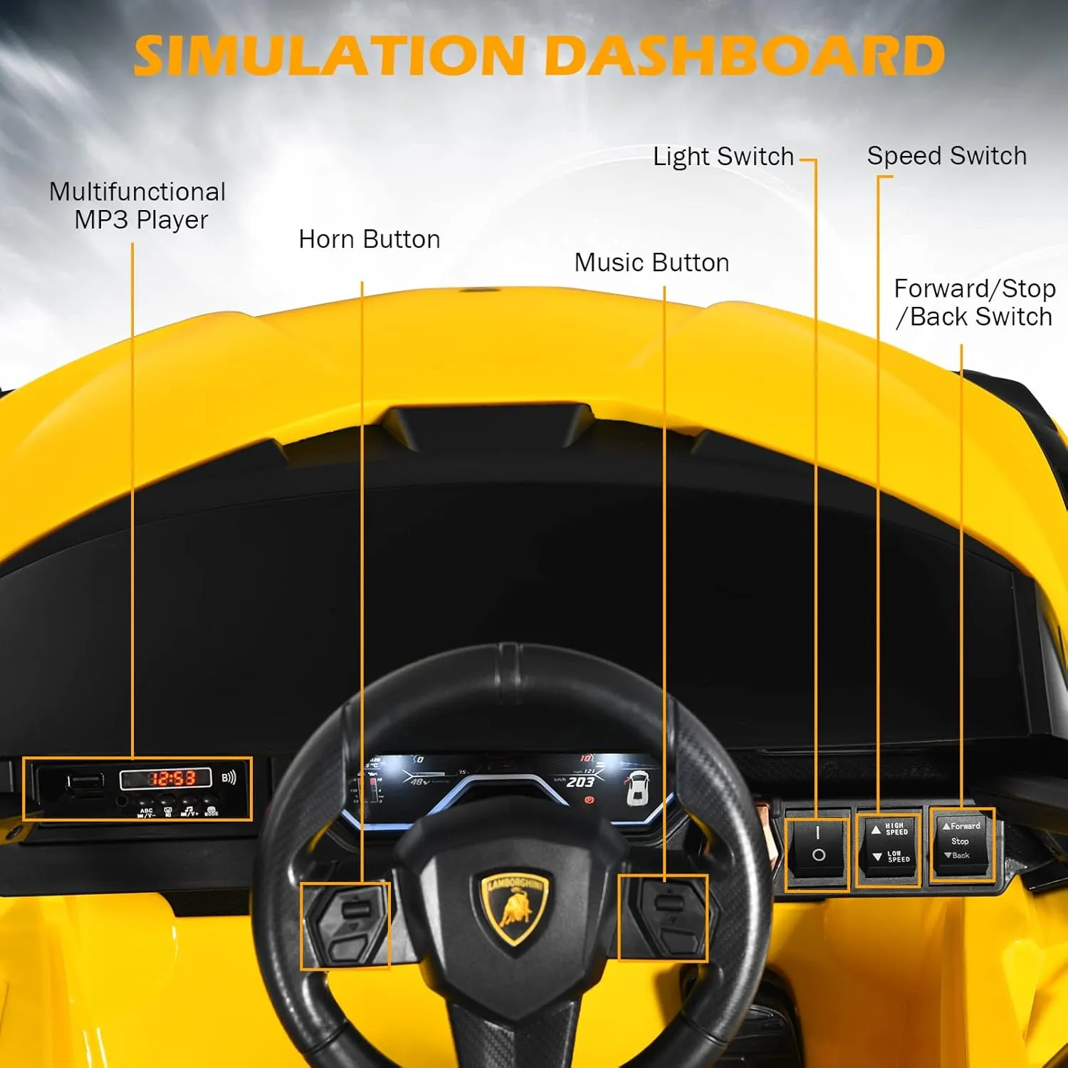 INFANS 12V Licensed Lamborghini Sian Kids Ride On Car with Parent Remote Control, Spring Suspension, MP3 Player, Electric Toy Roadster Carbon Fiber Textured for Toddler (Yellow)