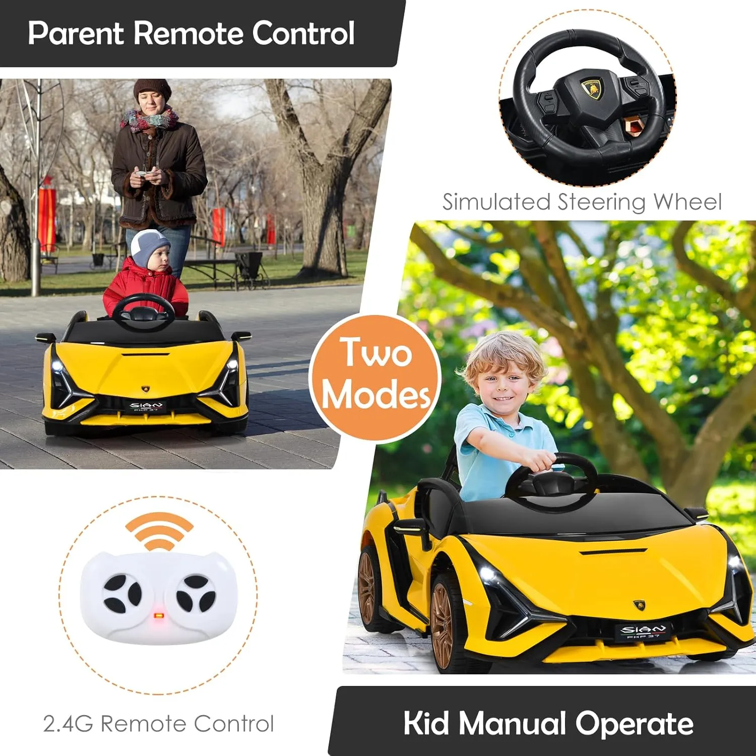 INFANS 12V Licensed Lamborghini Sian Kids Ride On Car with Parent Remote Control, Spring Suspension, MP3 Player, Electric Toy Roadster Carbon Fiber Textured for Toddler (Yellow)