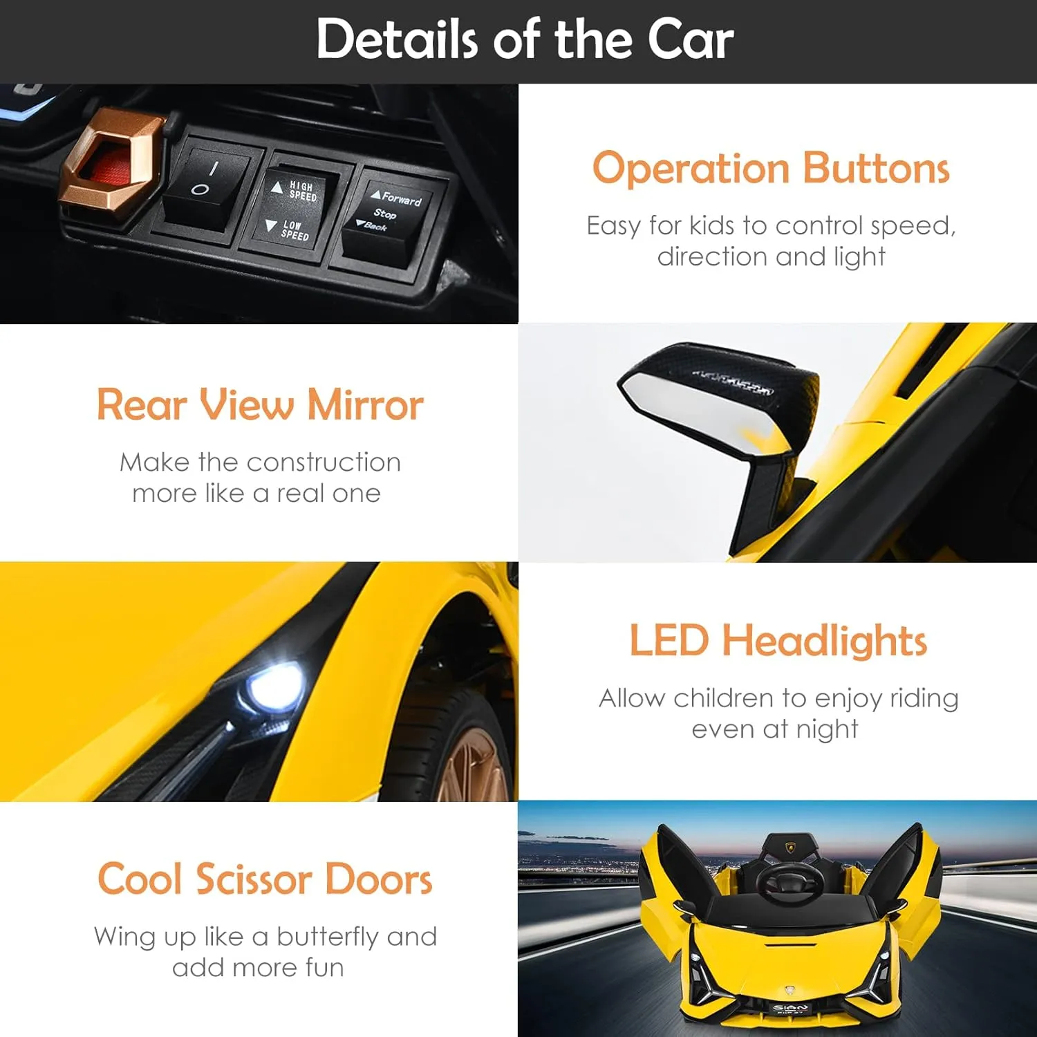 INFANS 12V Licensed Lamborghini Sian Kids Ride On Car with Parent Remote Control, Spring Suspension, MP3 Player, Electric Toy Roadster Carbon Fiber Textured for Toddler (Yellow)