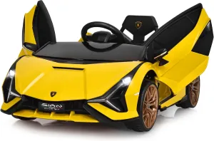 INFANS 12V Licensed Lamborghini Sian Kids Ride On Car with Parent Remote Control, Spring Suspension, MP3 Player, Electric Toy Roadster Carbon Fiber Textured for Toddler (Yellow)