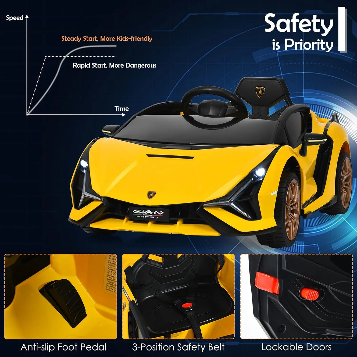 INFANS 12V Licensed Lamborghini Sian Kids Ride On Car with Parent Remote Control, Spring Suspension, MP3 Player, Electric Toy Roadster Carbon Fiber Textured for Toddler (Yellow)