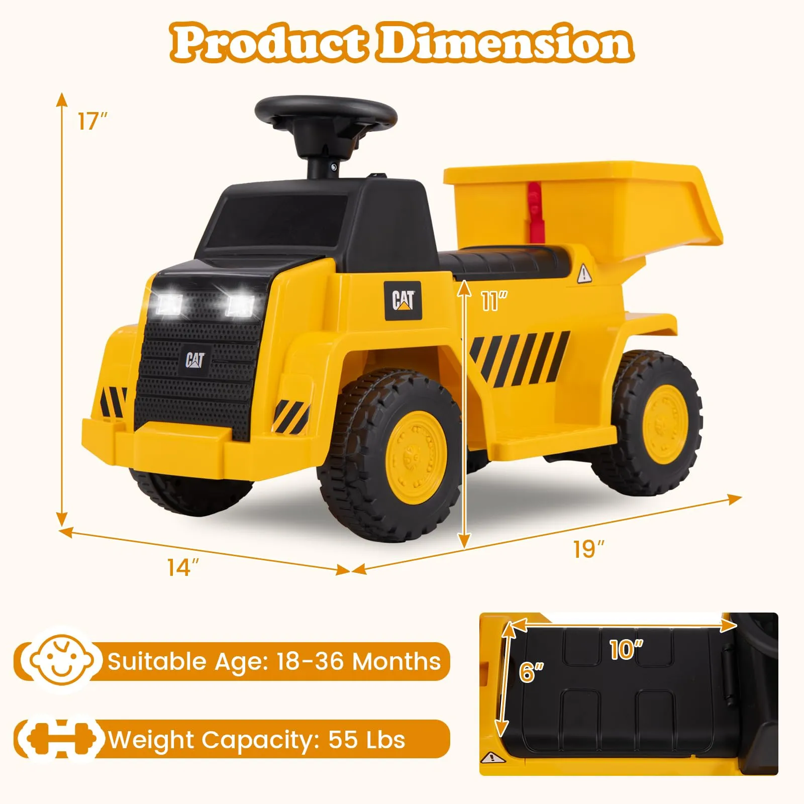 INFANS Licensed Caterpillar Ride on Dump Truck, 6V Cat Construction Car Electric Vehicle with Adjustable Dump Bed
