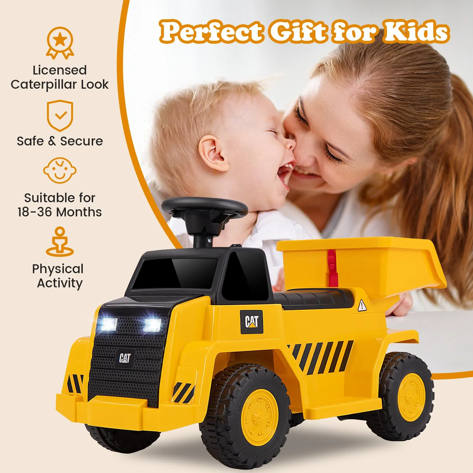 INFANS Licensed Caterpillar Ride on Dump Truck, 6V Cat Construction Car Electric Vehicle with Adjustable Dump Bed