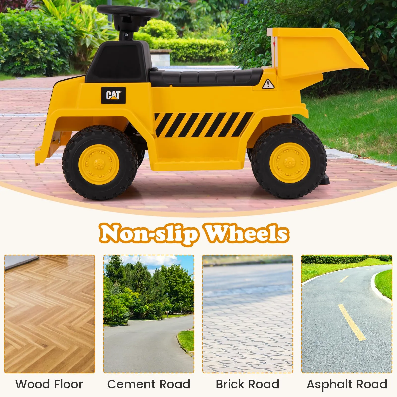 INFANS Licensed Caterpillar Ride on Dump Truck, 6V Cat Construction Car Electric Vehicle with Adjustable Dump Bed