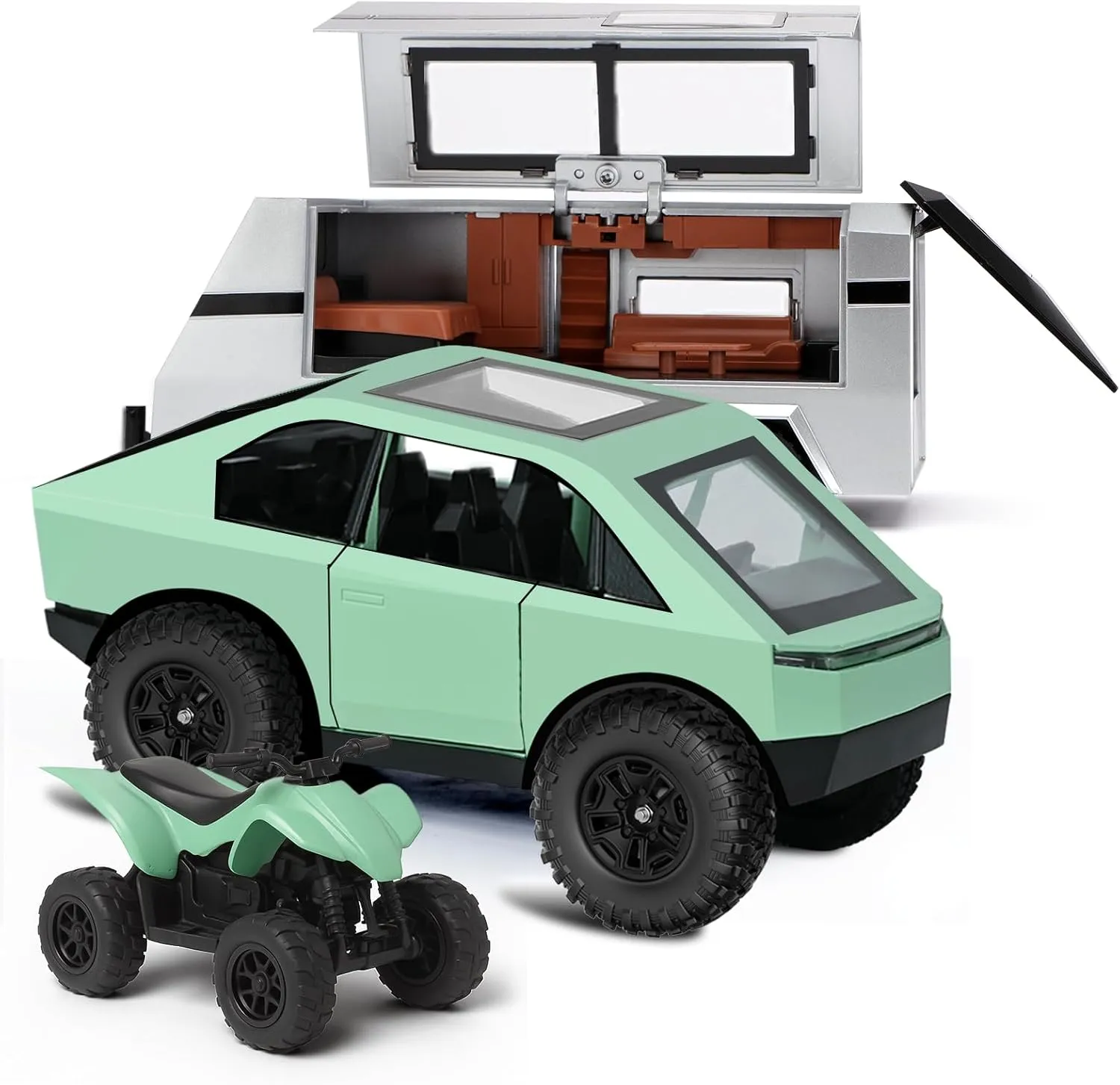 INGQU® Toy Car Alloy Diecast Pick-up Truck Model with RV & Motorcycle with Sound and Light Race Car Display Model Metal Pull-Back Vehicle 3-in-1 Camping Car Set Ideal Gift for Boys Kids Age for 3 