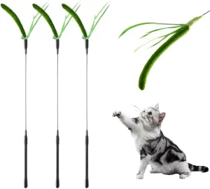 Interactive Cat Toy Wand with Furry Faux Grass, 2025 New Cat Wand Toy and Feather Toys with Bell, 3PCS Extra Long Automatic Kitten Toy for Indoor Cats to Chase and Exercise (Green*3)