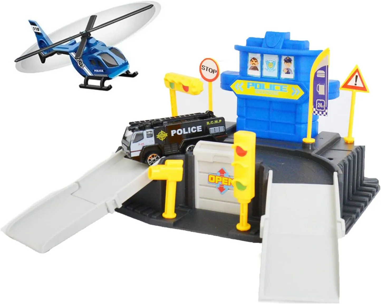 Interactive Police Station Playset for Kids - Detailed 2-Level Garage with Police Car and Helicopter - Educational Toy for Ages 3 , Large, Blue, 660-S100
