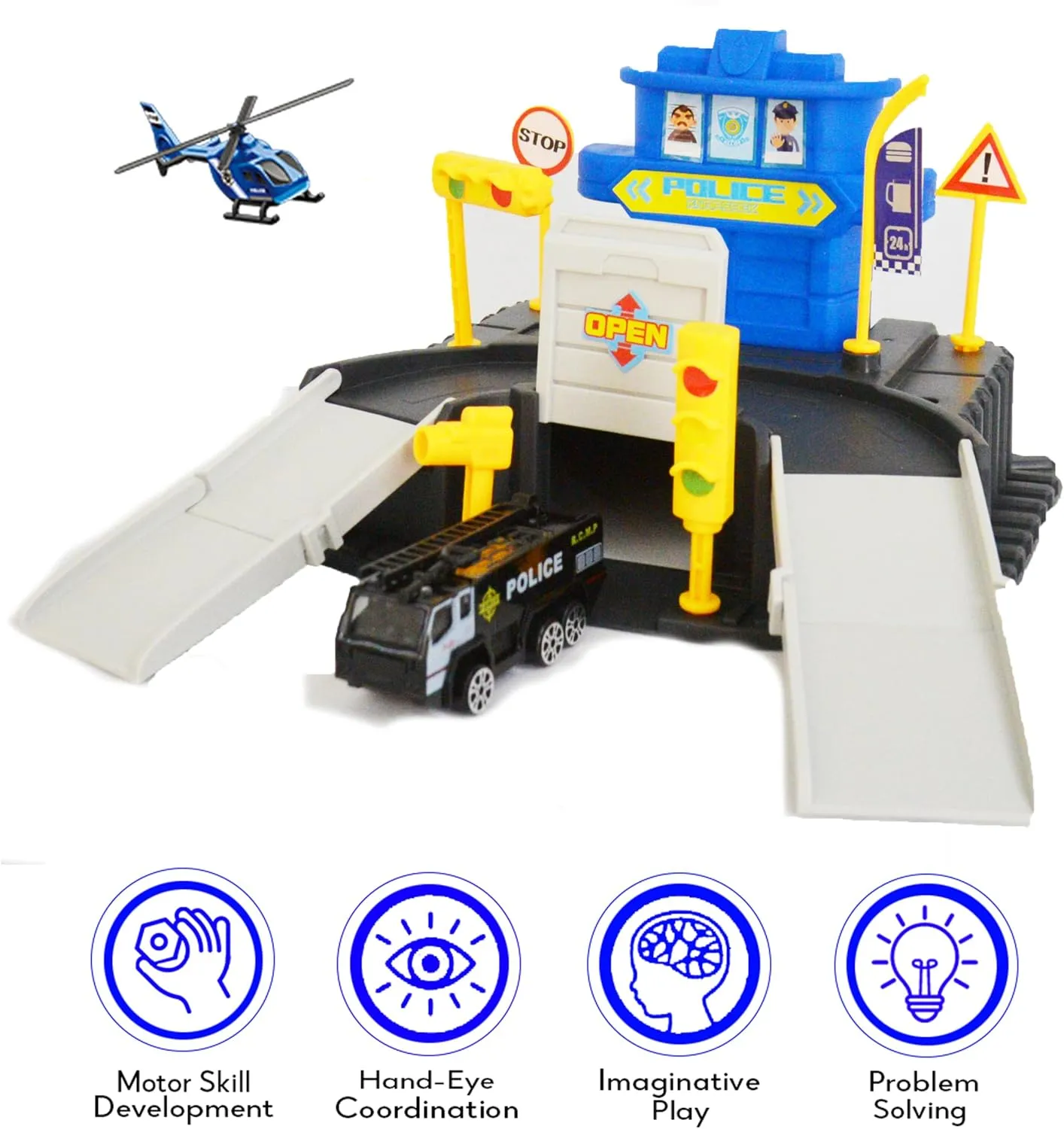 Interactive Police Station Playset for Kids - Detailed 2-Level Garage with Police Car and Helicopter - Educational Toy for Ages 3 , Large, Blue, 660-S100