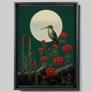 Intricate Pen Illustration of a Hummingbird on a Black Board, Dark Red and Light Emerald Palette, Canvas, Art floral, Arts