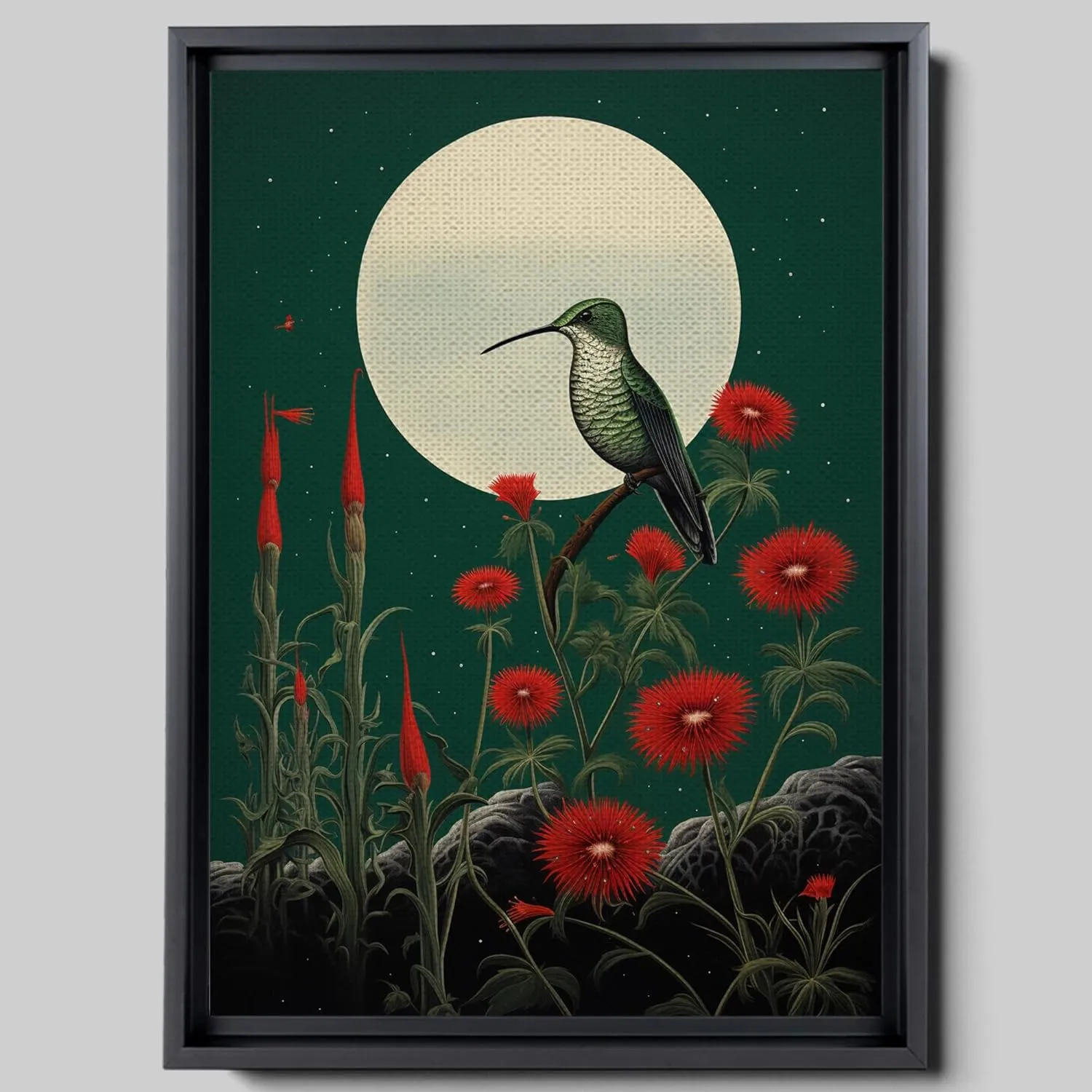 Intricate Pen Illustration of a Hummingbird on a Black Board, Dark Red and Light Emerald Palette, Canvas, Art floral, Arts