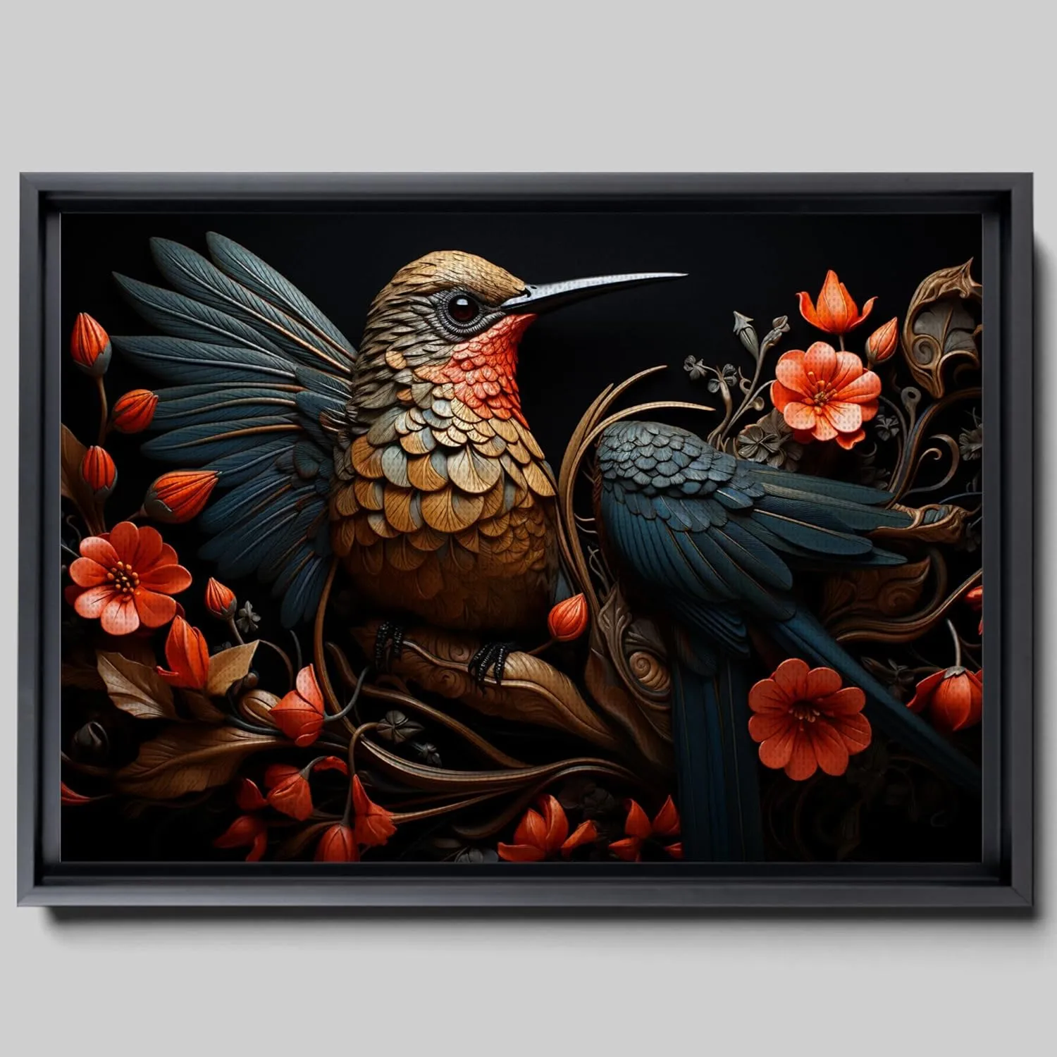 Intricate Pen Illustration of a Hummingbird on a Black Board, Dark Red and Light Emerald Palette, Canvas Prints, Art Print