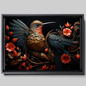 Intricate Pen Illustration of a Hummingbird on a Black Board, Dark Red and Light Emerald Palette, Canvas Prints, Art Print