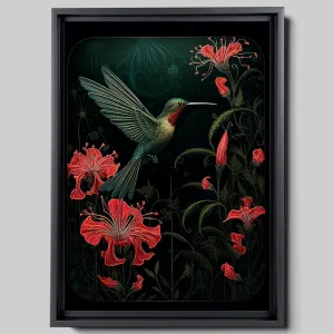 Intricate Pen Illustration of a Hummingbird on a Black Board, Dark Red and Light Emerald Palette, Canvas Prints, Natural Gifts, Print