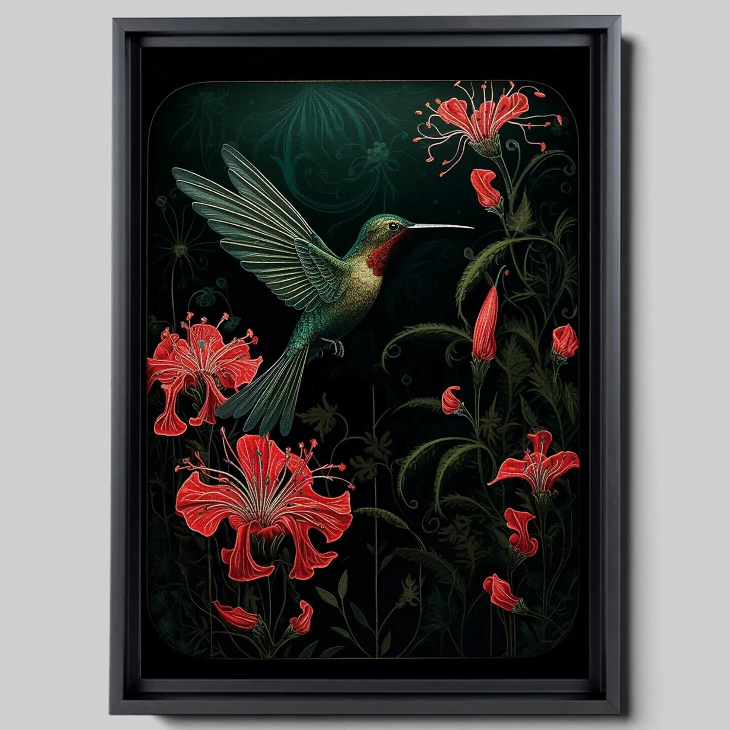 Intricate Pen Illustration of a Hummingbird on a Black Board, Dark Red and Light Emerald Palette, Canvas Prints, Natural Gifts, Print