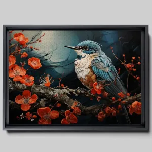 Intricate Pen Illustration of a Hummingbird on a Black Board, Dark Red and Light Emerald Palette, Canvas, Wall Decor