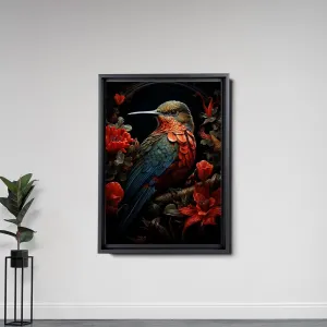 Intricate Pen Illustration of a Hummingbird on a Black Board, Dark Red and Light Emerald Palette, Decor Canvas, Art Print