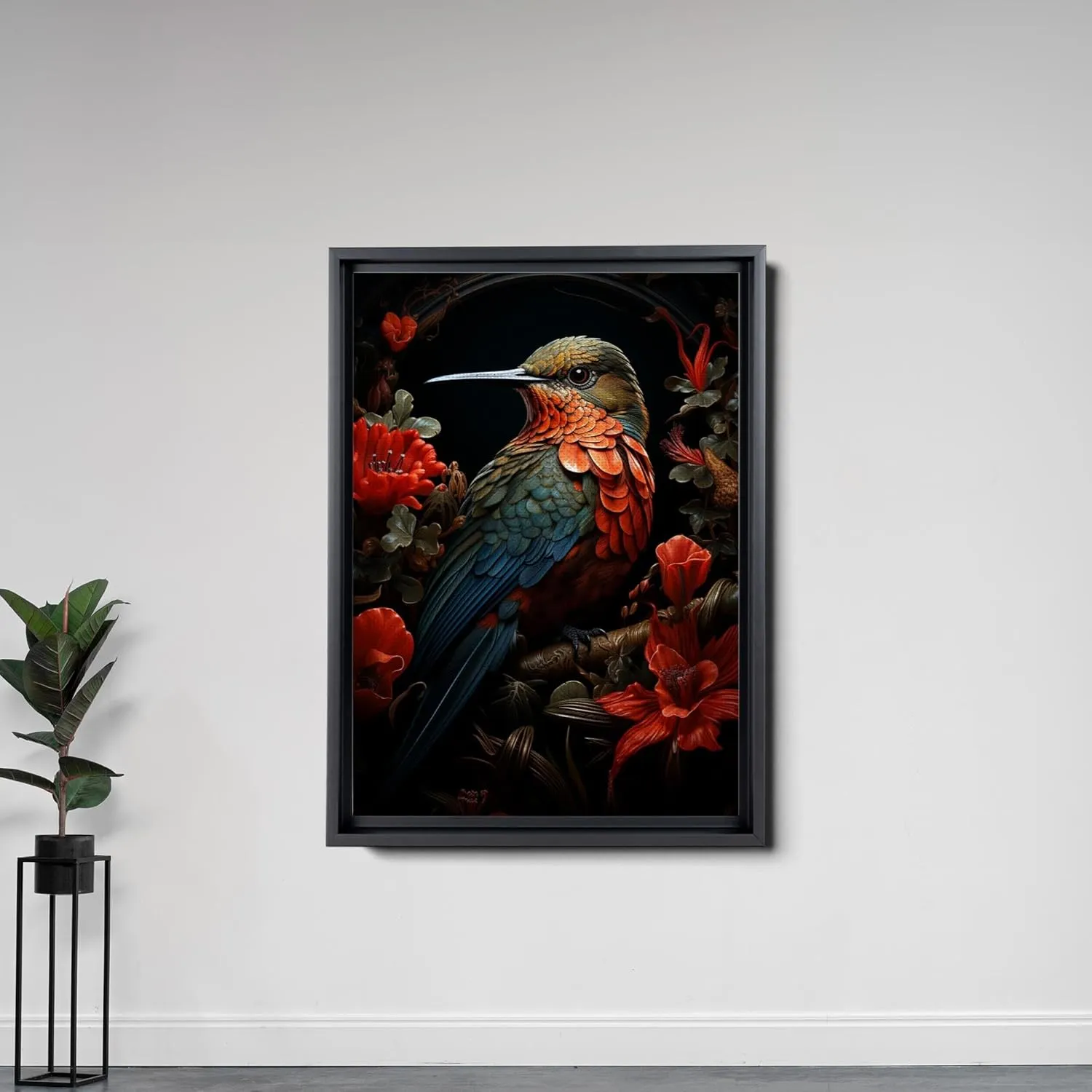 Intricate Pen Illustration of a Hummingbird on a Black Board, Dark Red and Light Emerald Palette, Decor Canvas, Art Print