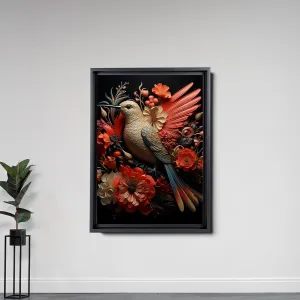 Intricate Pen Illustration of a Hummingbird on a Black Board, Dark Red and Light Emerald Palette, Decor Canvas, Home Decor