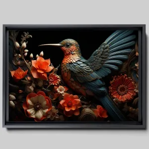 Intricate Pen Illustration of a Hummingbird on a Black Board, Dark Red and Light Emerald Palette, Decor Canvas, Wall Decor