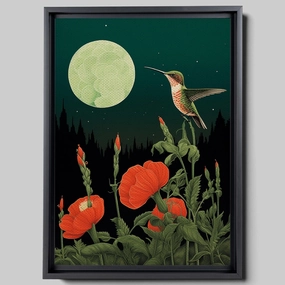 Intricate Pen Illustration of a Hummingbird on a Black Board, Dark Red and Light Emerald Palette, Canvas, Art floral, Wall
