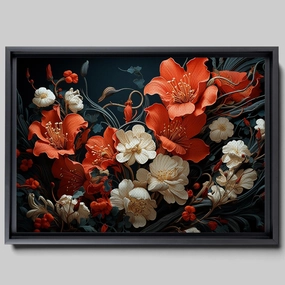 Intricate Pen Illustration of a Hummingbird on a Black Board, Dark Red and Light Emerald Palette, Canvas, Art Print