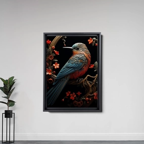 Intricate Pen Illustration of a Hummingbird on a Black Board, Dark Red and Light Emerald Palette, Decor Canvas, Wall Decor