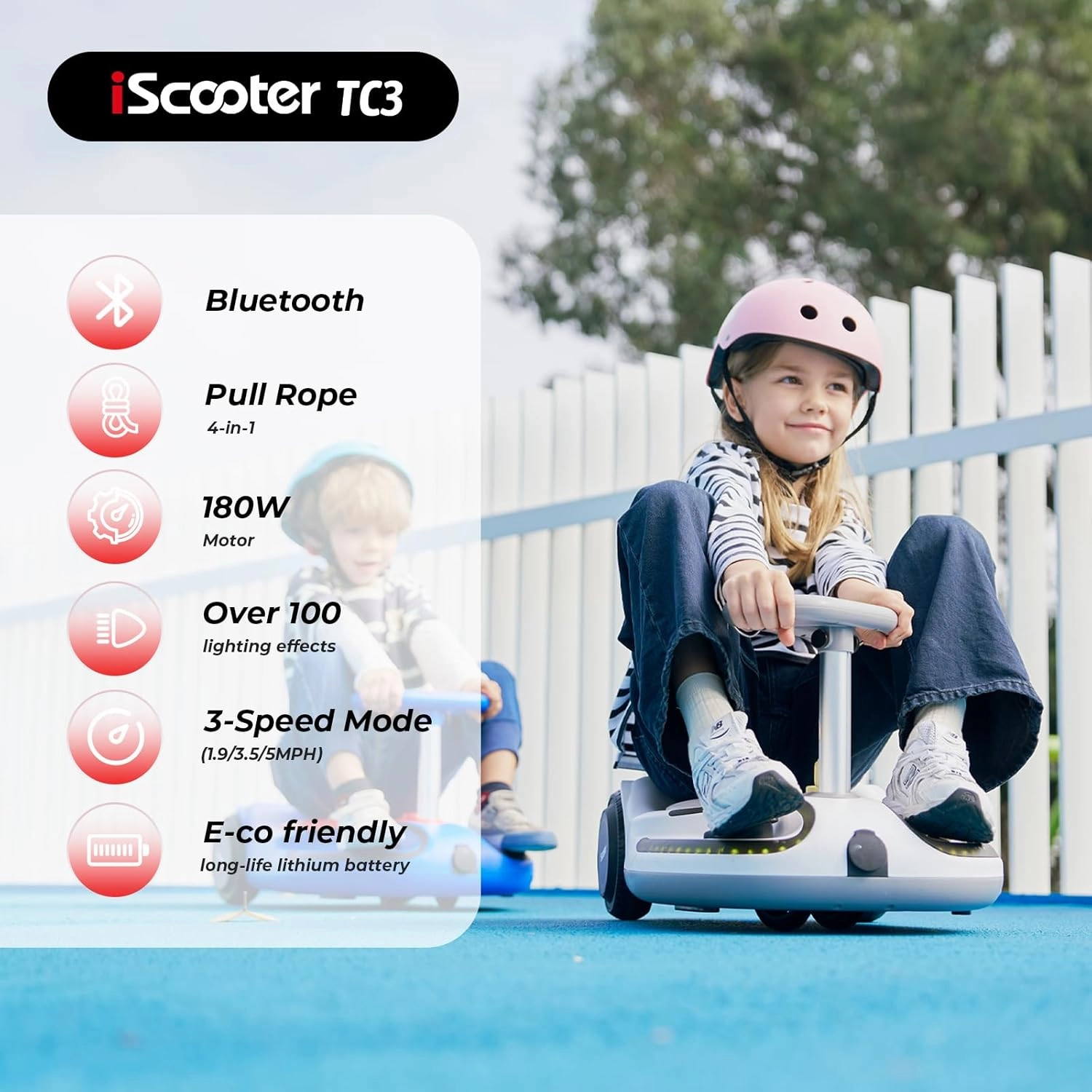 iScooter 21.6V TC3 Electric Wiggle Car, 4 in 1 Wiggle Car Ride on Toy, Lithium Rechargeable Battery, 3 Speed, Anti-Rollover,100  Lights Modes, Bluetooth, Wiggle Car for Ages 3  with Pull Rope (Yellow)