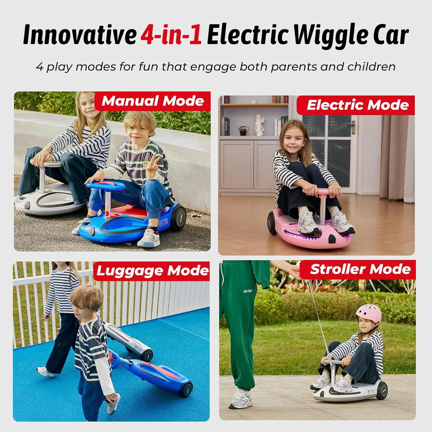 iScooter 21.6V TC3 Electric Wiggle Car, 4 in 1 Wiggle Car Ride on Toy, Lithium Rechargeable Battery, 3 Speed, Anti-Rollover,100  Lights Modes, Bluetooth, Wiggle Car for Ages 3  with Pull Rope (Yellow)