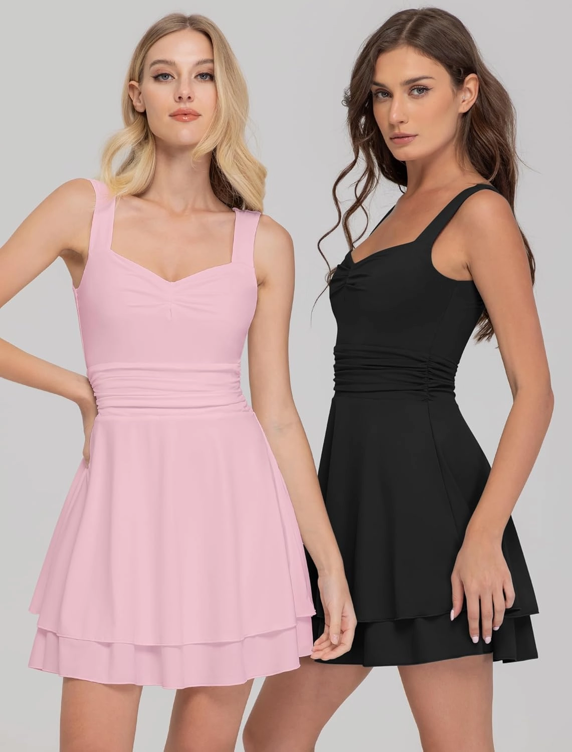 IWD Women's Square Neck Sleeveless Mini Dress Ruched Waist Tiered Ruffle Hem A Line Short Dresses