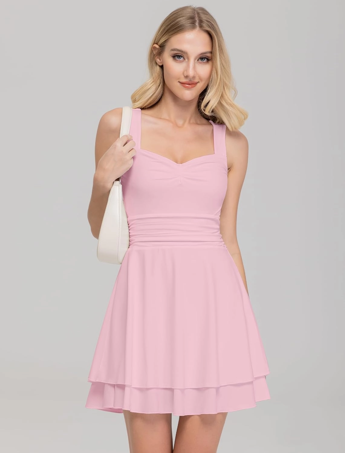 IWD Women's Square Neck Sleeveless Mini Dress Ruched Waist Tiered Ruffle Hem A Line Short Dresses