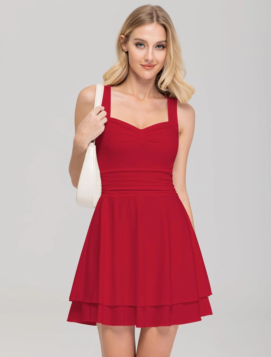 IWD Women's Square Neck Sleeveless Mini Dress Ruched Waist Tiered Ruffle Hem A Line Short Dresses