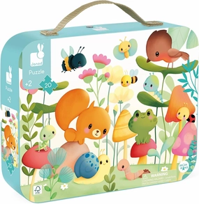 Janod 20 Piece Children’s Jigsaw Puzzle - Garden Friends Puzzle - Giftable Carrying Case with Fabric Handle - Whimsical Mushroom Forest - Ages 2-5 Years - J02534