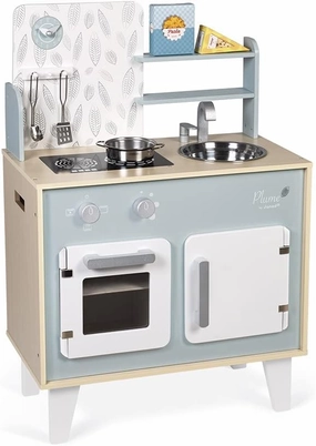 Janod Retro Plume Mint 30” Wooden Kitchen with 5 Accessories and Sound Effects - Ages 3  - J06608