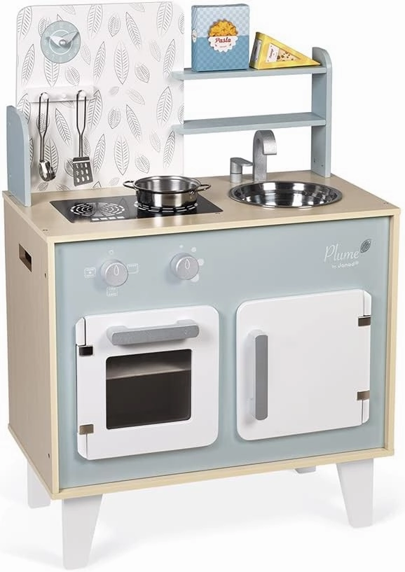 Janod Retro Plume Mint 30” Wooden Kitchen with 5 Accessories and Sound Effects - Ages 3  - J06608