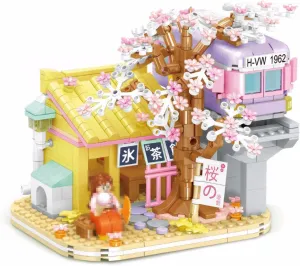 Japanese Train Bridge & Cherry Blossom Treehouse Station Building Block Set, 596 PCS City Street View Floral Micro Bricks Kit, Gift for Adults & Kids Ages 6-12  (Sakura House)