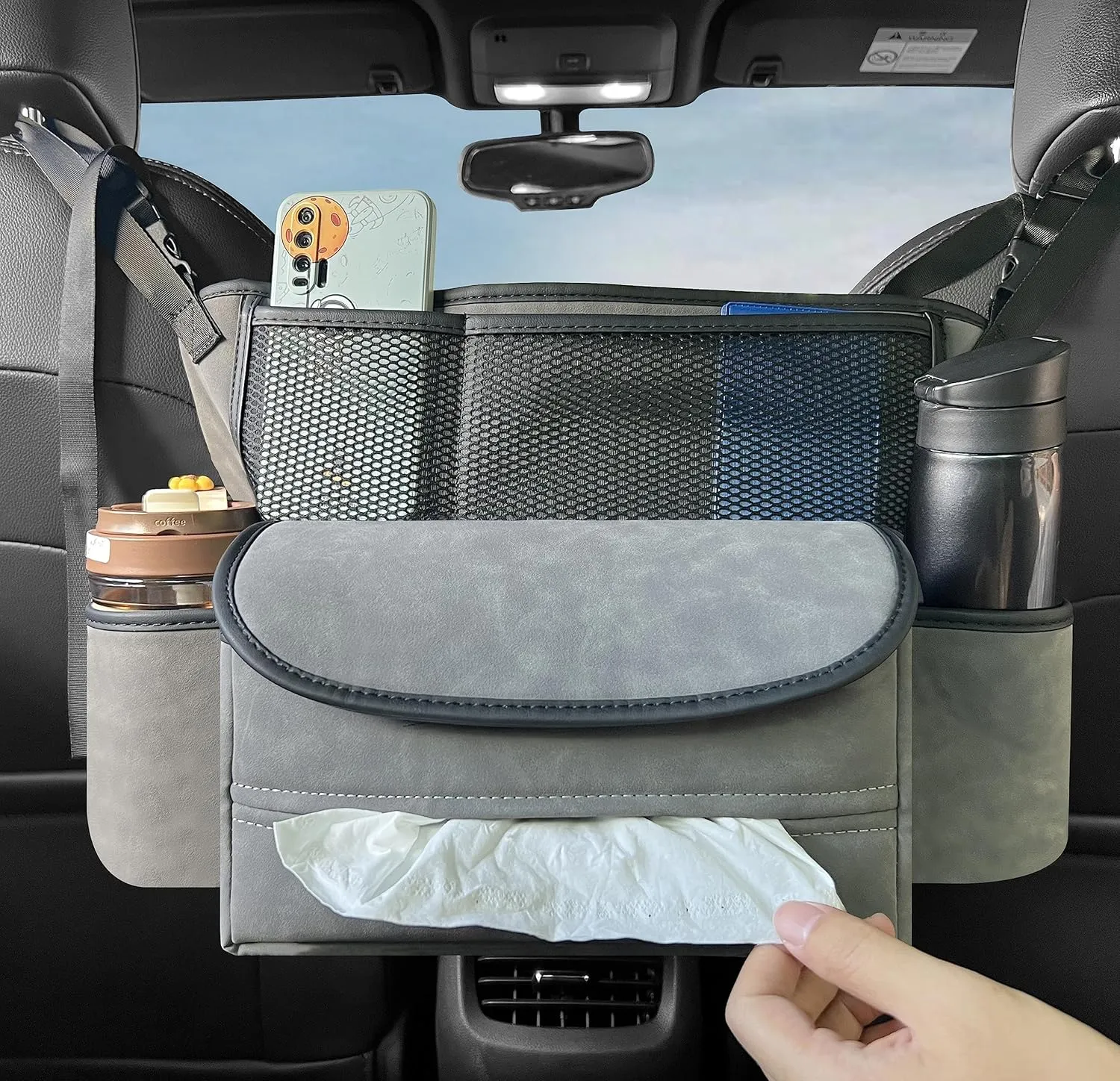 JEYODA Car Suede Seat Organizer High-capacity Seat Back Pouch Central Storage for Pickup SUVs Double-sided Tissue Storage Handbag Holder Car Accessories (Grey)