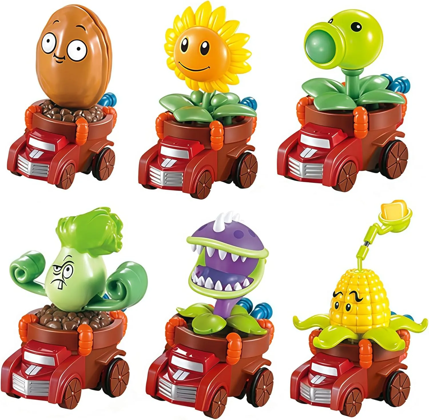 JHESAO 6PCS Plants and Zombies Rally Car Toys Action Figures PVZ Toys Set 1 2 Series Peashooter Car Great Gifts for Kids and Fans, Birthday and Christmas Party New