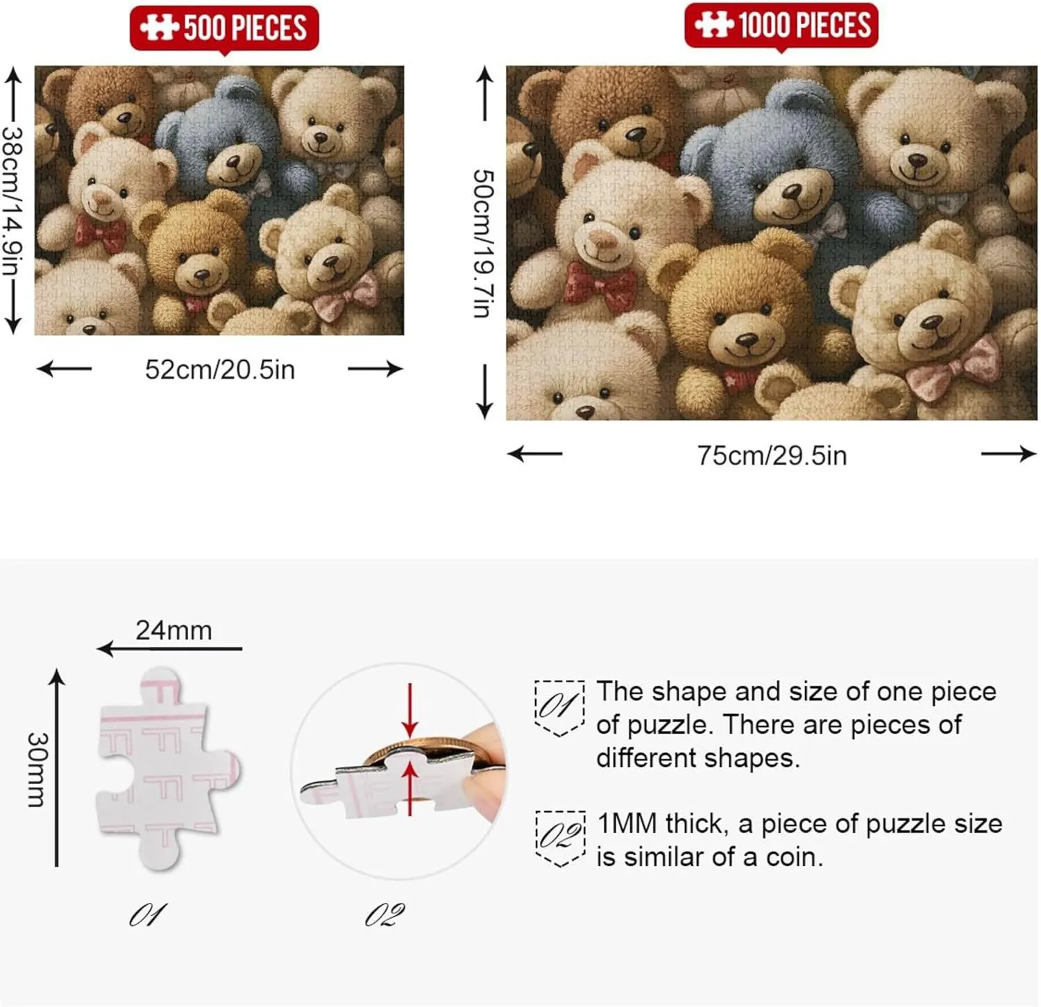 Jigsaw Puzzles 500 Pieces Adult Family White Elephant Gifts Cool Puzzle for Adults Toy Game Artwork Vintage Teddy Bear Collection, 20.5x14.9 Inch