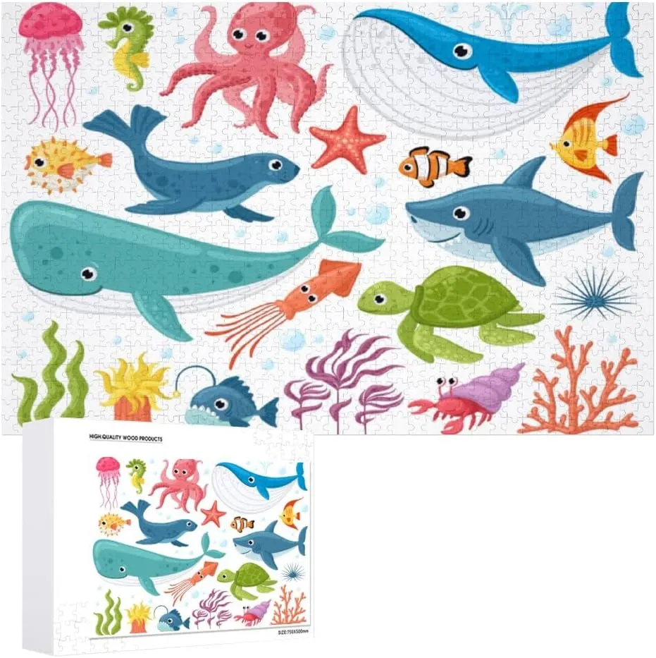 Jigsaw Puzzles Cute Ocean Fish Octopus Shark Turtle JellyfishDIY Brain Challenge Puzzle Educational Intellectual Decompress Fun Toy for Adults Children Gifts Boys Girls Home Decor 500 pcs