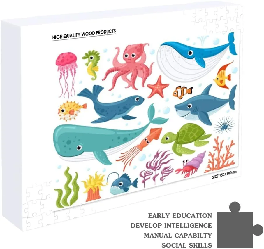 Jigsaw Puzzles Cute Ocean Fish Octopus Shark Turtle JellyfishDIY Brain Challenge Puzzle Educational Intellectual Decompress Fun Toy for Adults Children Gifts Boys Girls Home Decor 500 pcs