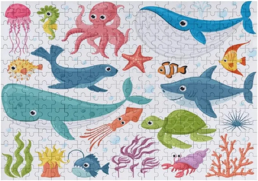 Jigsaw Puzzles Cute Ocean Fish Octopus Shark Turtle JellyfishDIY Brain Challenge Puzzle Educational Intellectual Decompress Fun Toy for Adults Children Gifts Boys Girls Home Decor 500 pcs