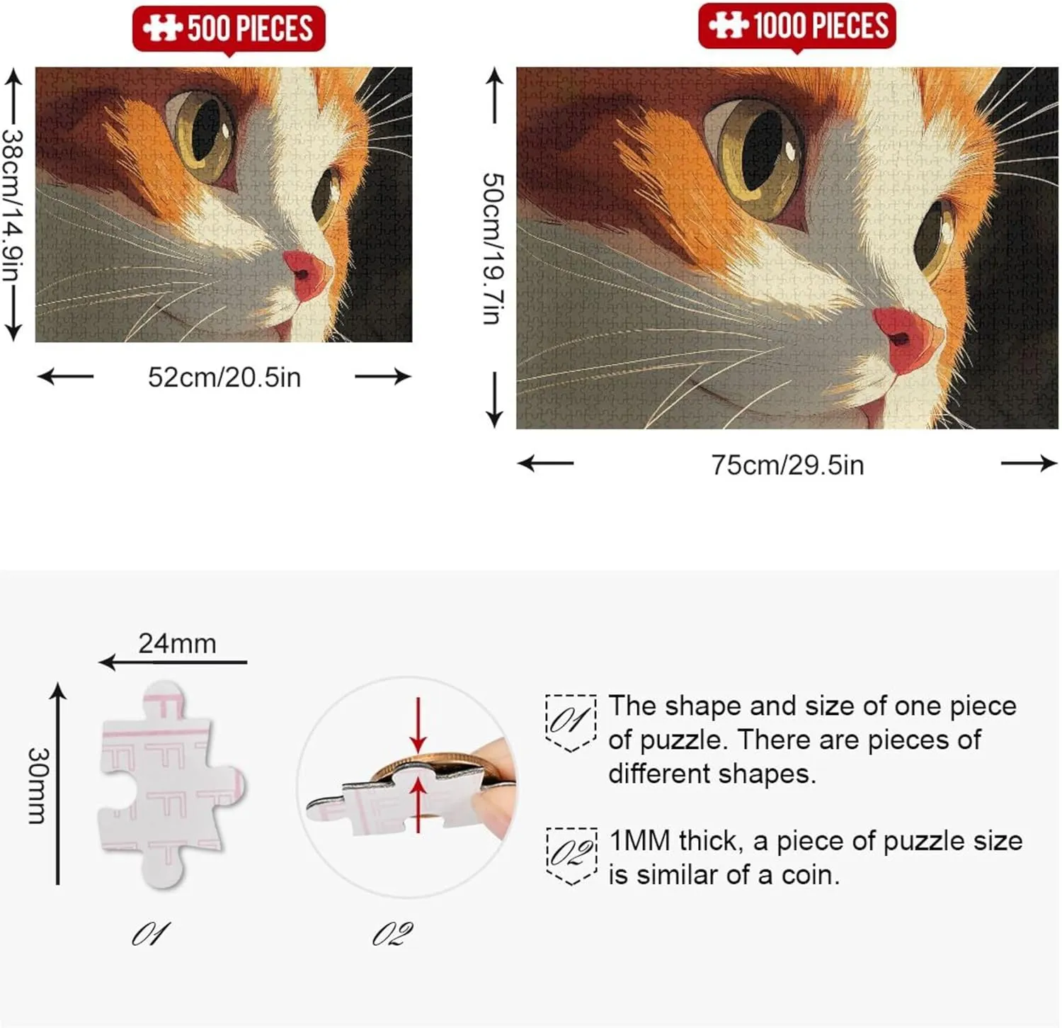Jigsaw Puzzles for Adults 1000 Piece Adorable Orange Cat Face Art Animal Painting Decor Winter Scene Puzzle White Elephant Gifts Funny, 29.5x19.7 Inch