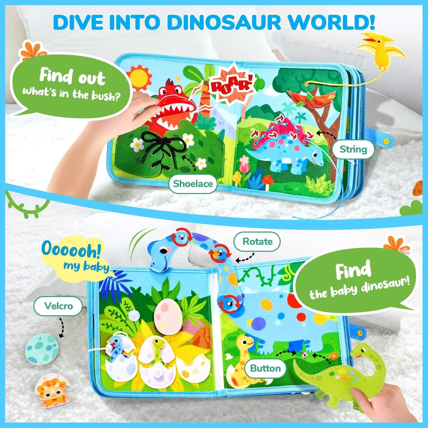 JoyCat Toddler Dinosaur Busy Book, Busy Board for 2 3 4 5Year Old -Travel Toy Quiet Activity Book, Life Skills & Fun Games - Autism Sensory Toy, Toddler Easter Basket Stuffers Gifts