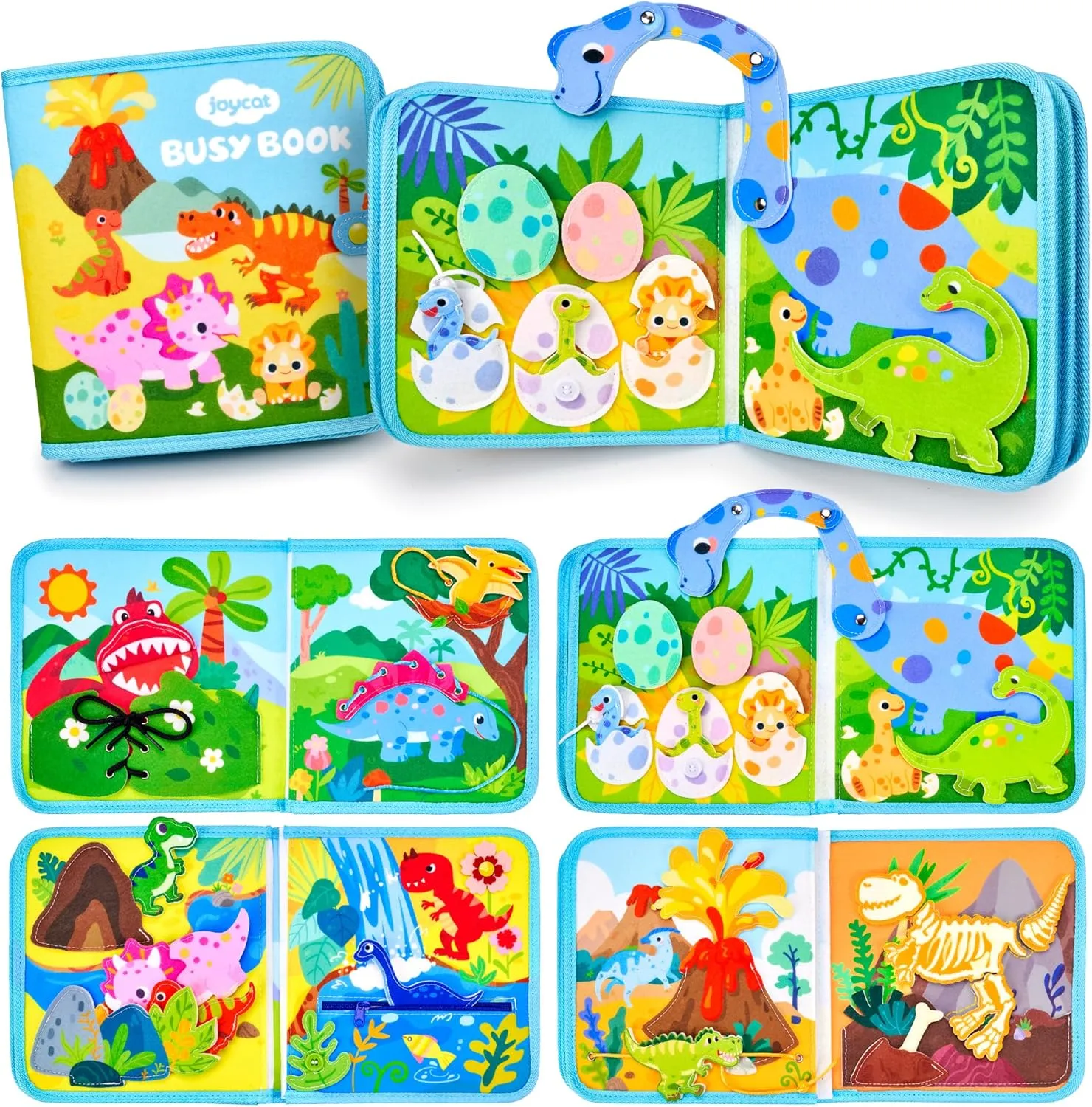 JoyCat Toddler Dinosaur Busy Book, Busy Board for 2 3 4 5Year Old -Travel Toy Quiet Activity Book, Life Skills & Fun Games - Autism Sensory Toy, Toddler Easter Basket Stuffers Gifts