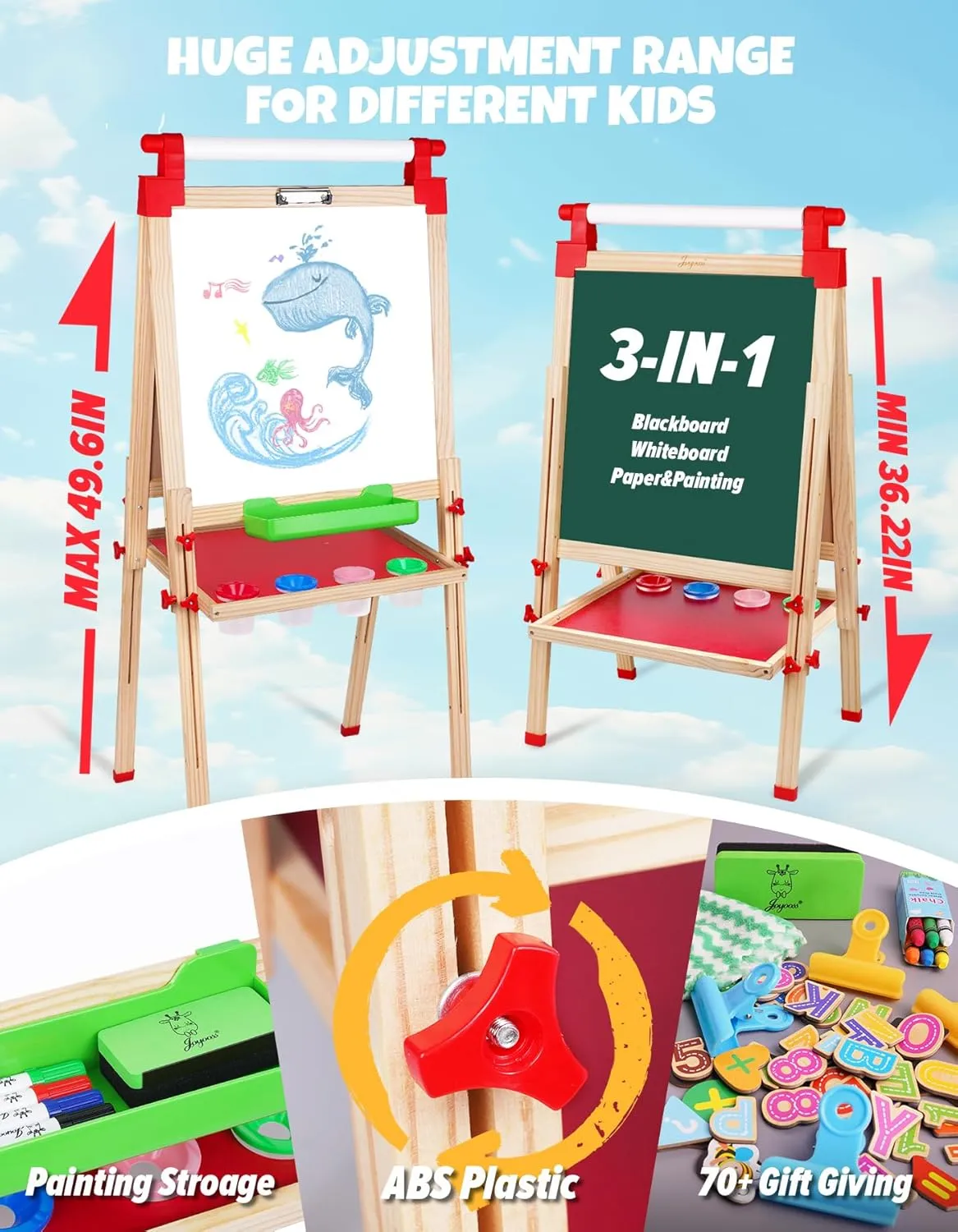 JOYOOSS Kids Wooden Easel with Paper Roll - Adjustable Magnetic Double Sided Drawing Board Whiteboard & Chalkboard Dry Easel Board, Children Art Easel for 3~12 Years Kids Boys Girls Painting Drawing
