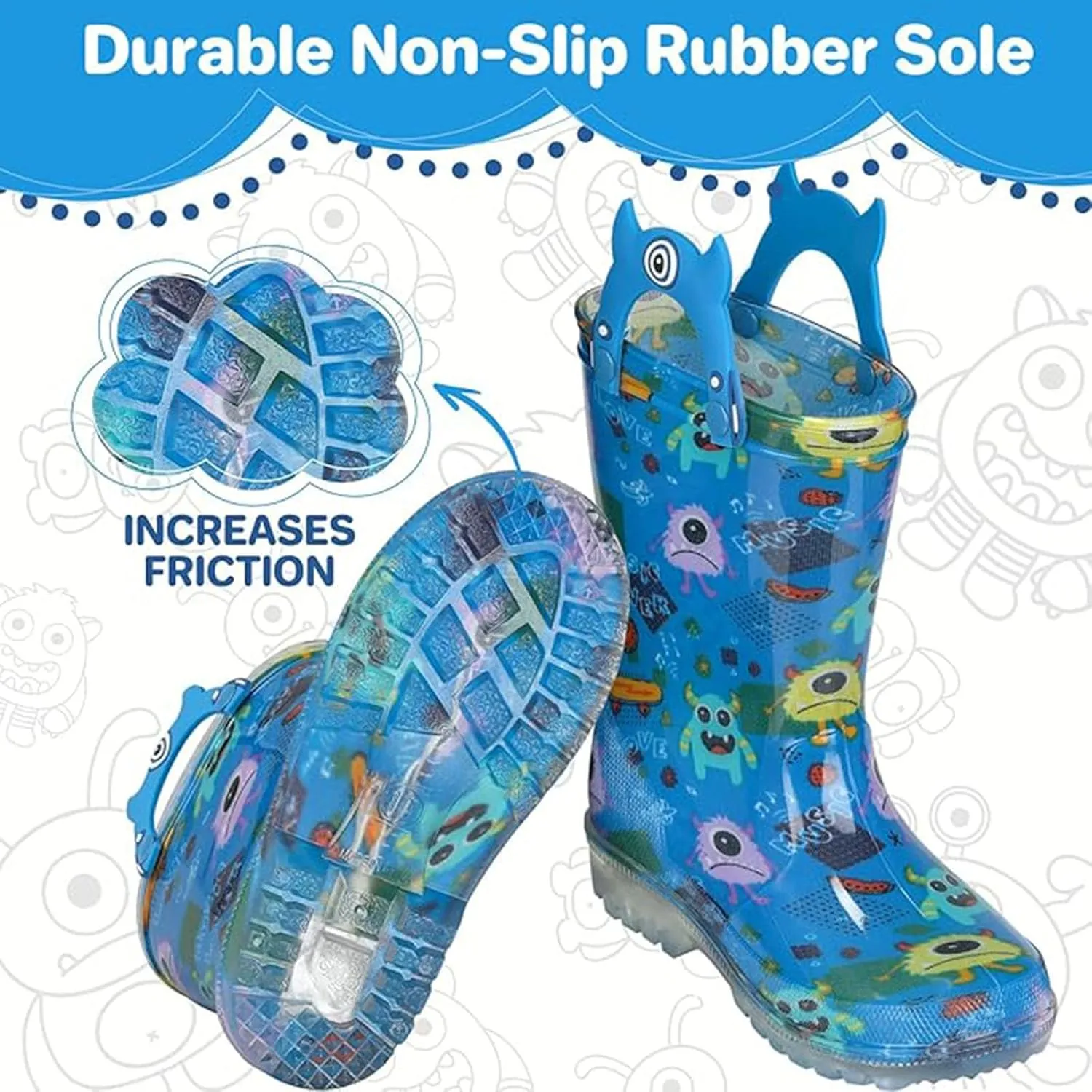 JSLOVE Toddler-Kids Light Up Rain Boots, Printed 100% Waterproof Glitter Rain Boots with Easy On Handles for Girls and Boys, Mud Lightweight Adorable with Non-Slip Sole