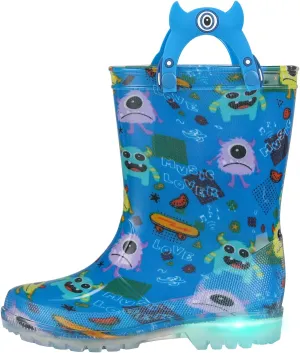 JSLOVE Toddler-Kids Light Up Rain Boots, Printed 100% Waterproof Glitter Rain Boots with Easy On Handles for Girls and Boys, Mud Lightweight Adorable with Non-Slip Sole