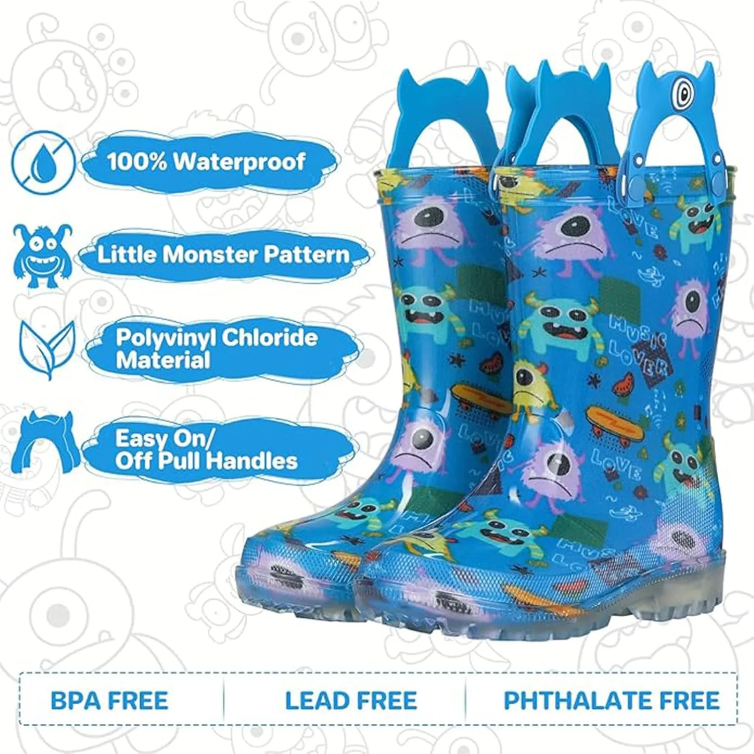 JSLOVE Toddler-Kids Light Up Rain Boots, Printed 100% Waterproof Glitter Rain Boots with Easy On Handles for Girls and Boys, Mud Lightweight Adorable with Non-Slip Sole