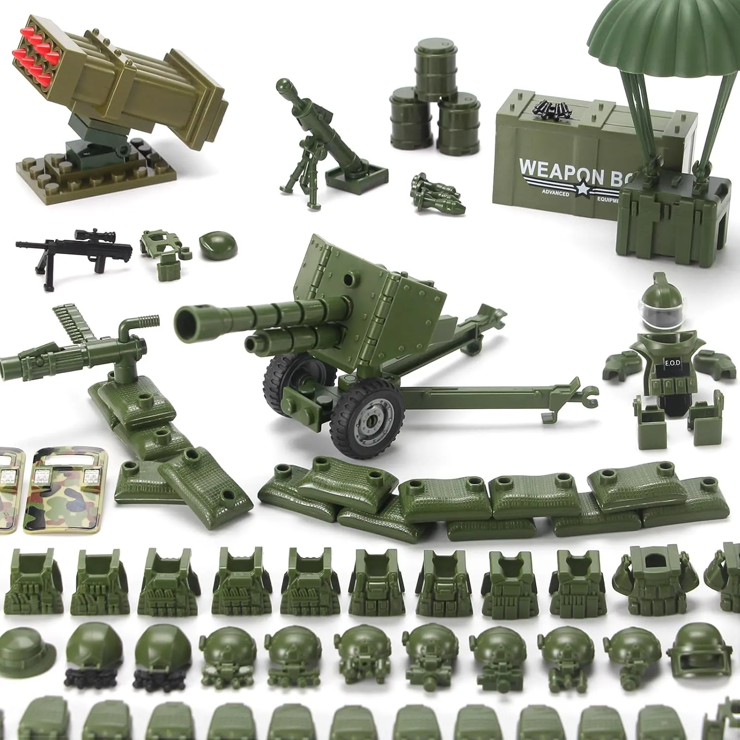 Jungle Green Army Accessories Kit 325 Pcs Military Weapons Pack Gear E.O.D Suit NVD Helmet Shipping Container Armory Building Block Toy for Soldiers Compatible with Major Brands